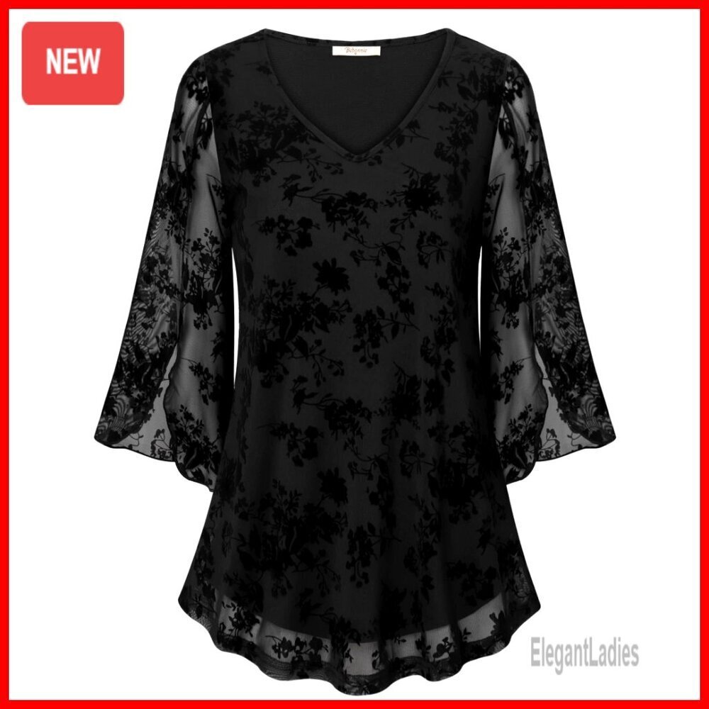 Ruffle 3/4 Sleeve V Neck Mesh Blouse Loose Fit Flowy Tunic Top